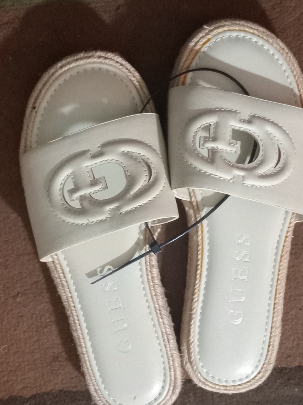GUESS White Logo Slide Sandals with Braided Trim